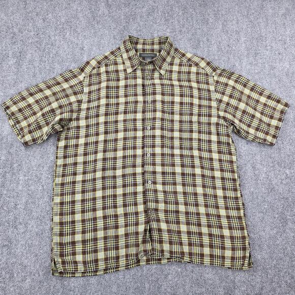 Banana Republic Shirt Mens Large Brown Yellow Plaid Linen Short Sleeve Button Up - Picture 1 of 14